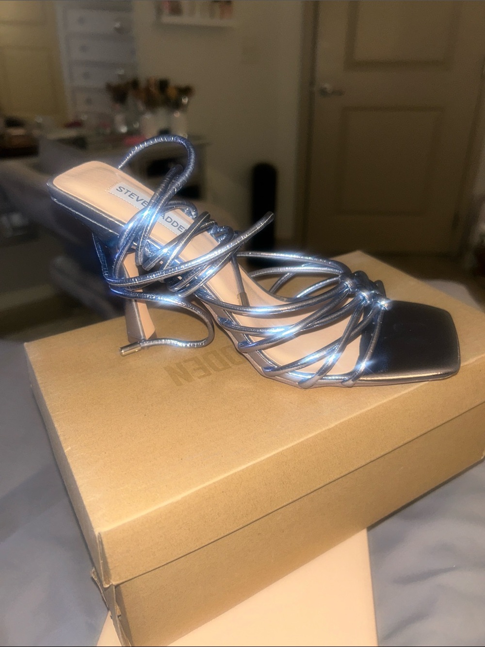 Steve Madden Blue Metallic Strappy Stiletto Sandals